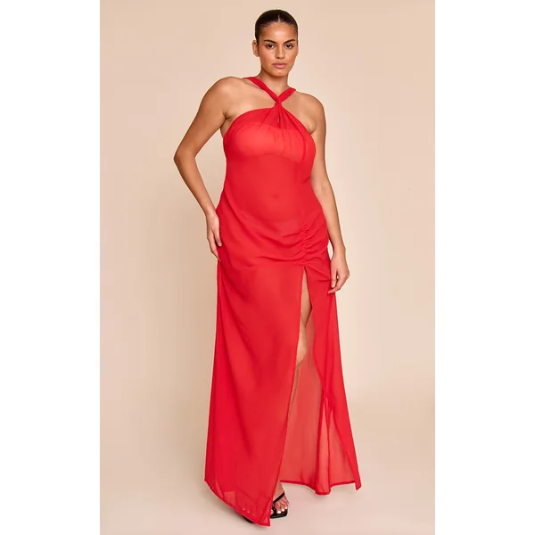 Plus Red Halter Neck Chiffon Maxi Beach Dress