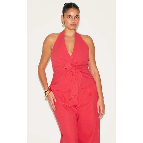 Plus Red Linen Twist Front Halter Neck Top