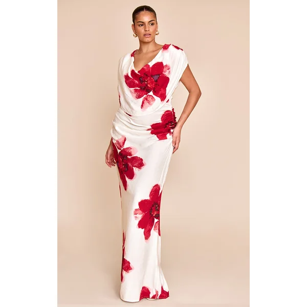 Plus Red Printed Extreme Cowl Ruched Detail Maxi Dress
