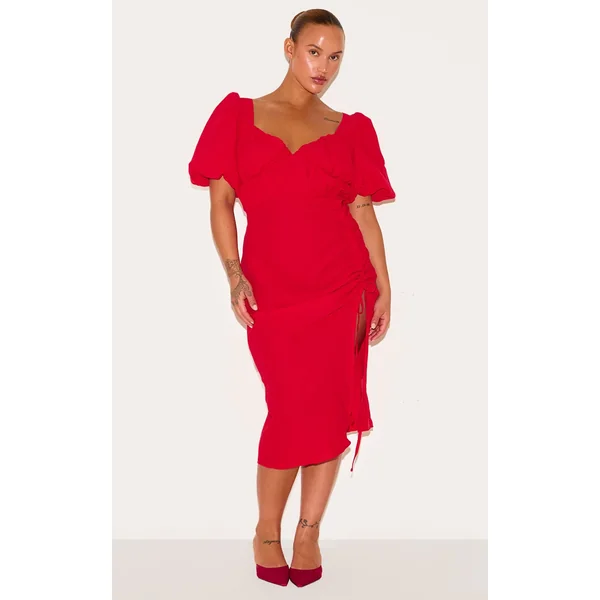 Plus Red Puff Sleeve Ruched Split Side Midi Dress