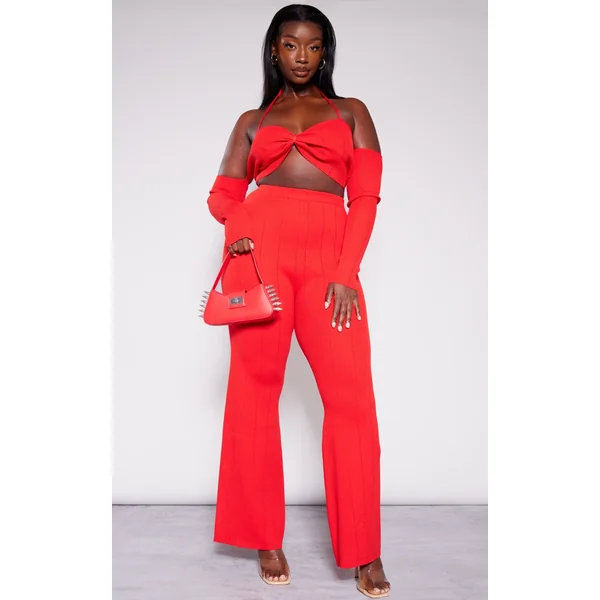 Plus Red Rib Knit Flared Pants