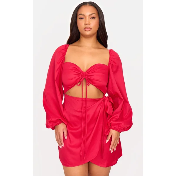 Plus Red Ruched Cut Out Dress