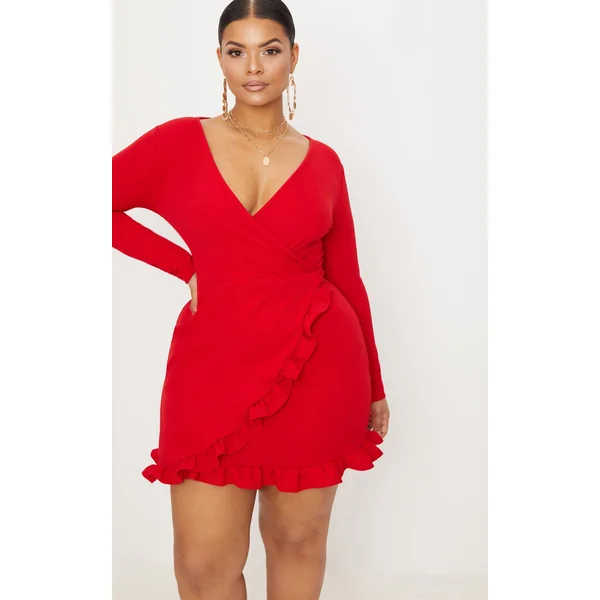 Plus Red Ruffle Detail Wrap Dress