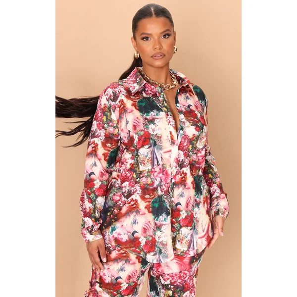 Plus Rose Femme Renaissance Print Oversized Shirt