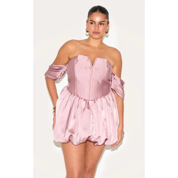 Plus Rose Satin Puffball Bardot Shift Dress