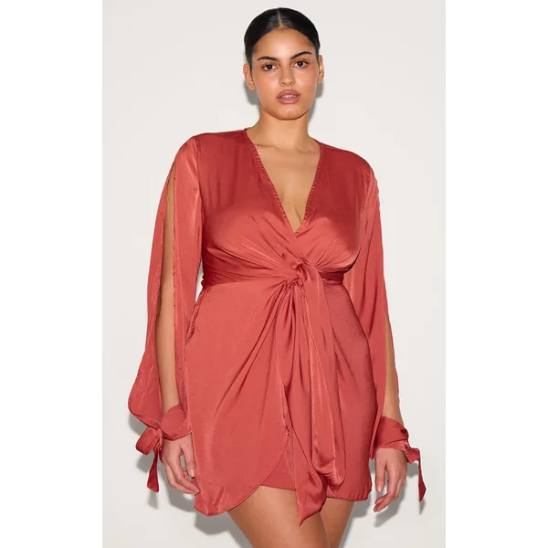 Plus Rust Plunge Neck Satin Twist Front Open Sleeve Wrap Dress