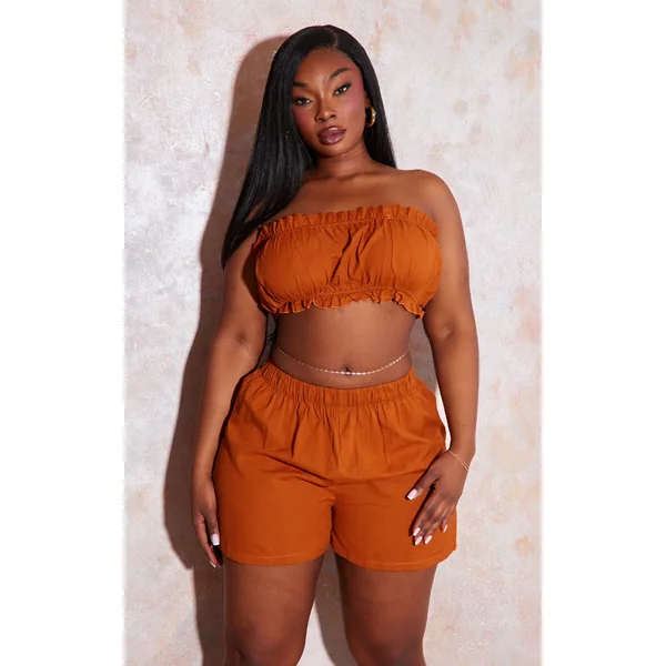 Plus Rust Textured Ruffle Hem Bandeau Crop Top