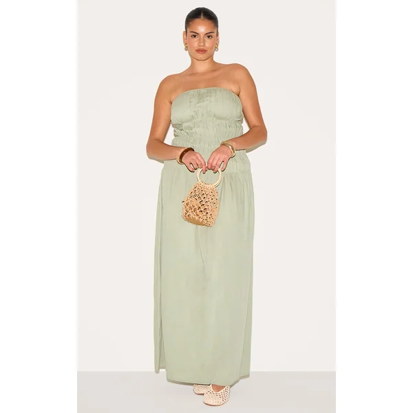 Plus Sage Bandeau Ruched Detail Maxi Dress