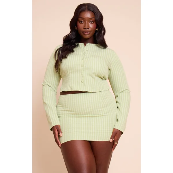 Plus Sage Button Down Round Neck Long Sleeve Top