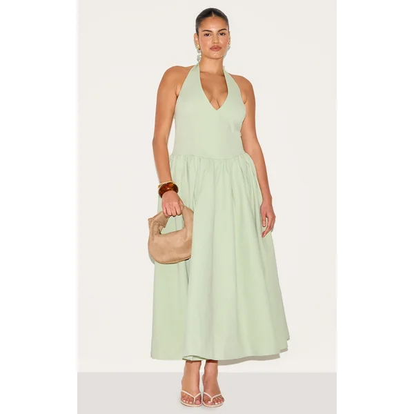 Plus Sage Green Halterneck Tie Detail Midaxi Dress
