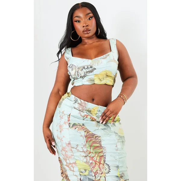 Plus Sage Green Printed Bengaline Corset Top