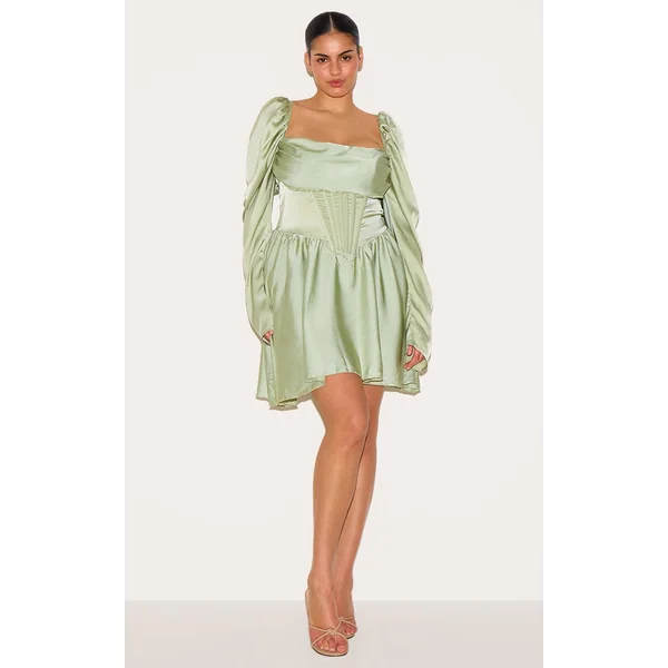 Plus Sage Green Satin Corset Detail Puffball Shift Dress