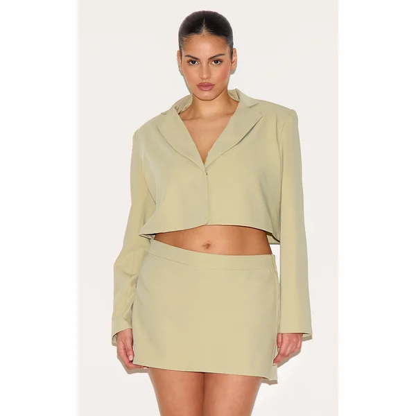 Plus Sage Green Tailored Woven Boxy Cropped Bow Detail Blazer