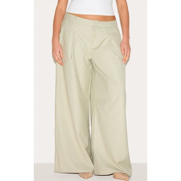 Plus Sage Green Woven Double Pleat Wide Leg Pants