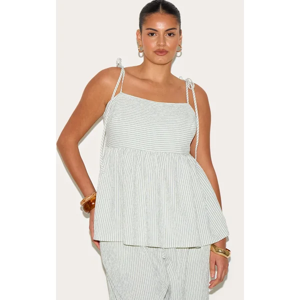 Plus Sage Green Woven Textured Striped Floaty Top