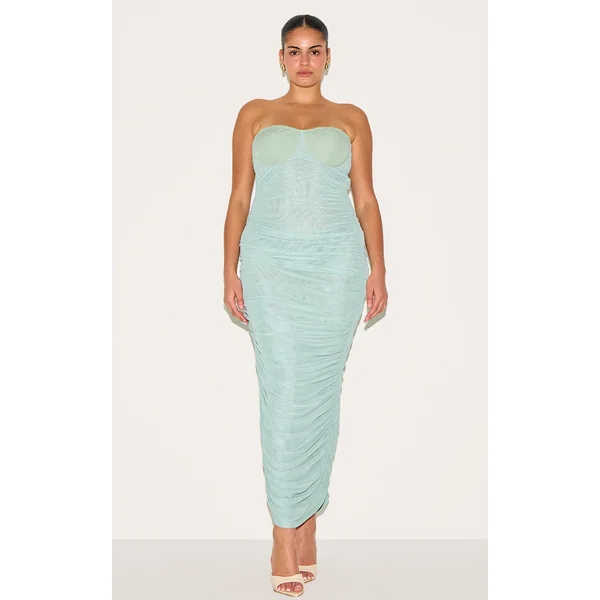 Plus Sage Mesh Ruched Cup Detail Maxi Dress