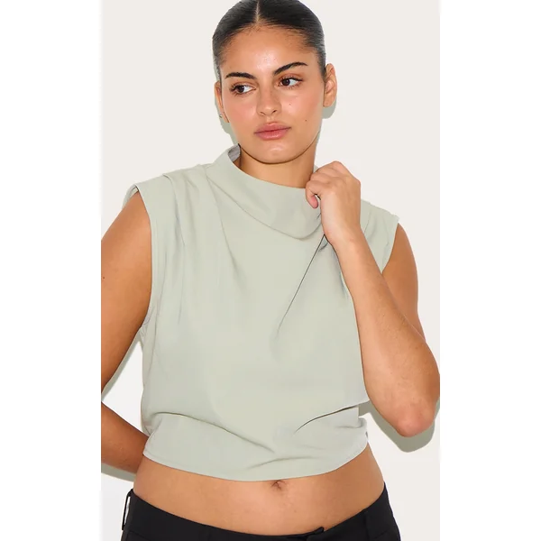 Plus Sage Woven Pleated Boxy Top