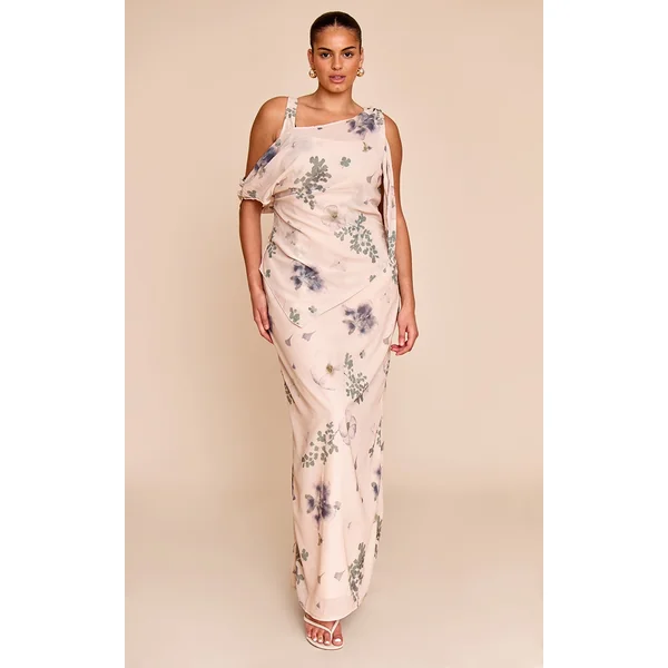 Plus Sand Abstract Printed Chiffon Draped Maxi Dress