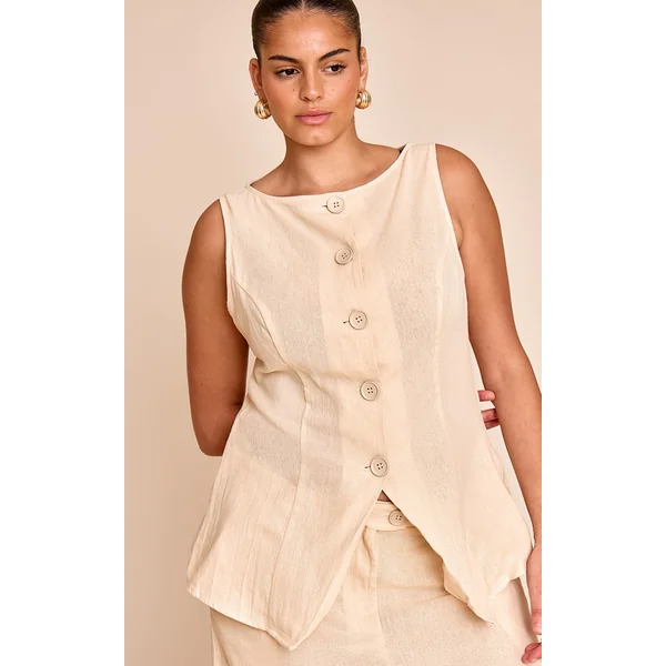 Plus Sand Boat Neckline Button Down Linen Look Stripe Vest