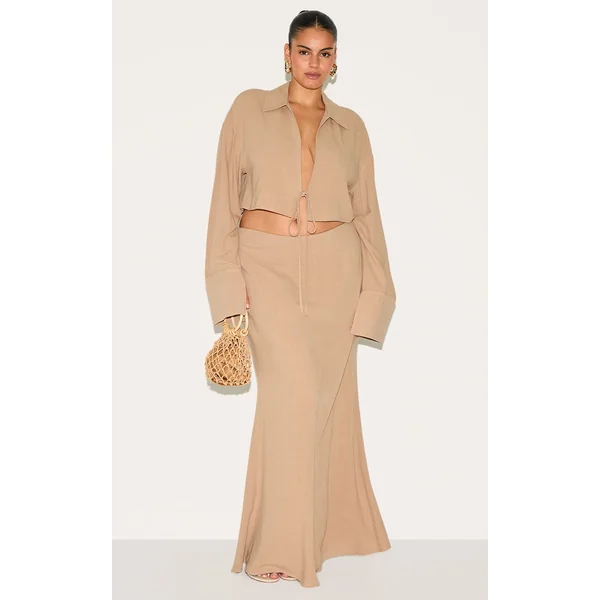 Plus Sand Linen-Blend Column Maxi Skirt