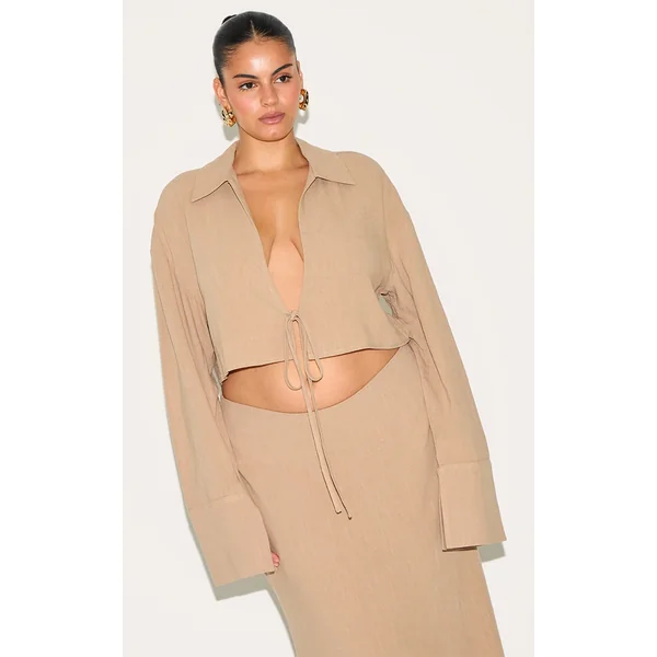 Plus Sand Linen-Blend Tie Front Cropped Shirt