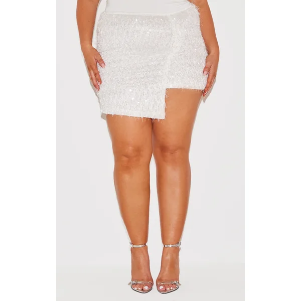 Plus Silver Sequin Feather Asymmetric Mini Skirt