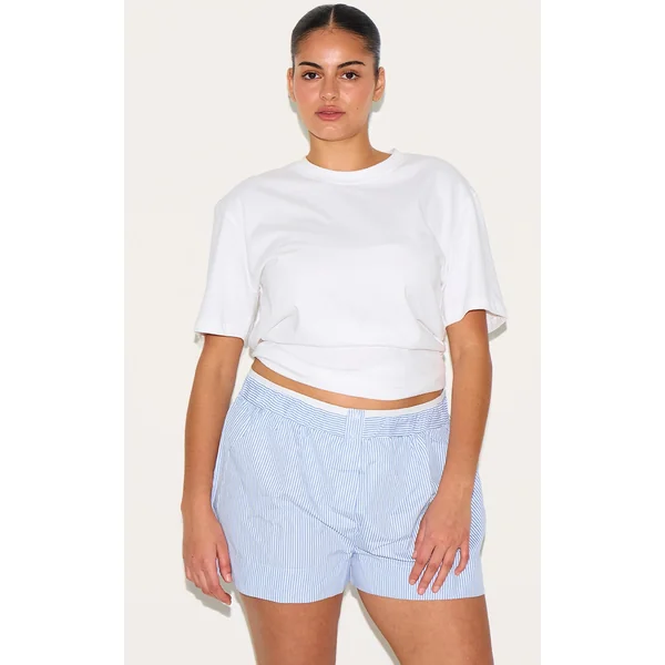 Plus Sky Blue Pinstripe Cotton Poplin Contrast Waistband Shorts
