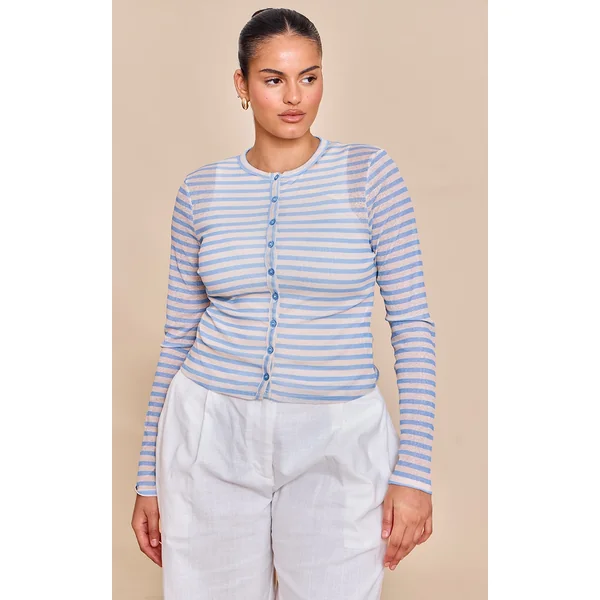 Plus Sky Blue Striped Sheer Button Up Top