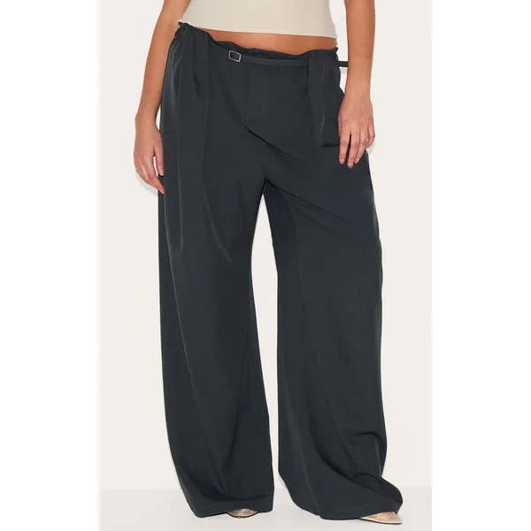 Plus Slate Grey Woven Pleated Belt Detail Wide Leg Pants