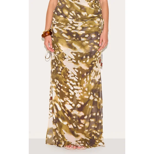 Plus Stone Blurred Abstract Printed Chiffon Ruched Bead Detail Maxi Skirt