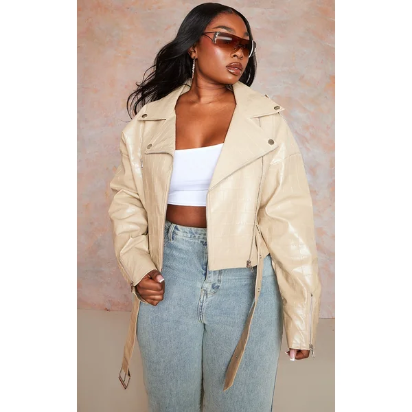 Plus Stone Croc Faux Leather Oversized Biker Jacket