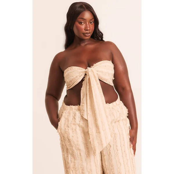 Plus Stone Frayed Linen Look Bandeau Tie Beach Top