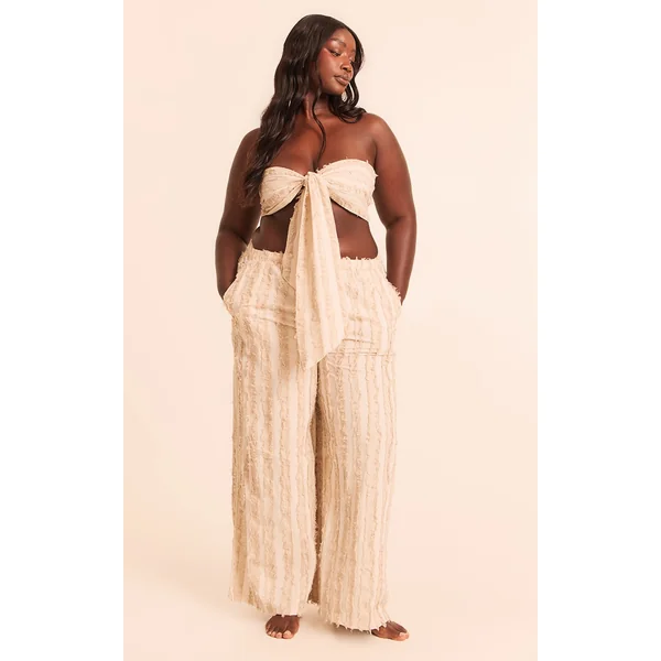 Plus Stone Frayed Linen Look Wide Leg Beach Pants