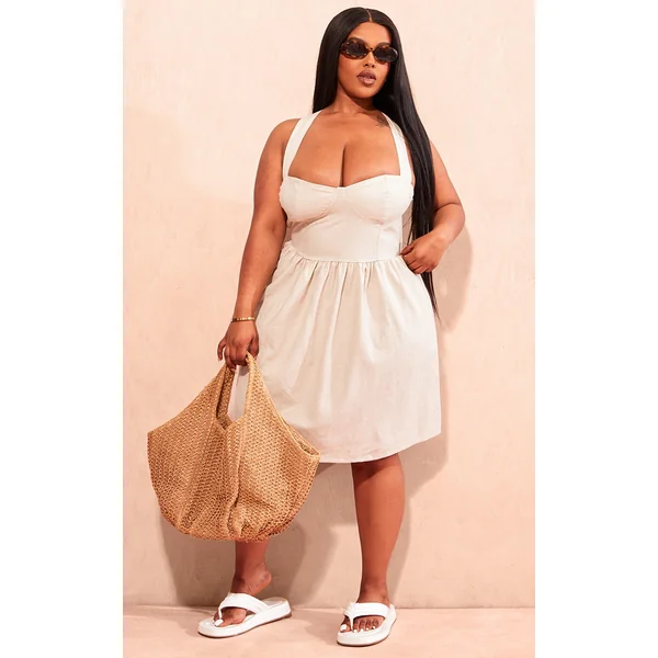 Plus Stone Linen Cross Strap Detail Back Flippy Hem Dress
