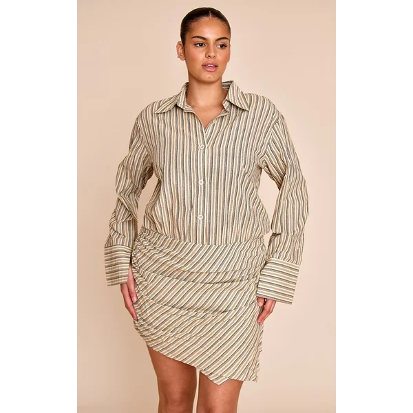 Plus Stone Linen Look Stripe Shirt Style Long Sleeve Skort Romper