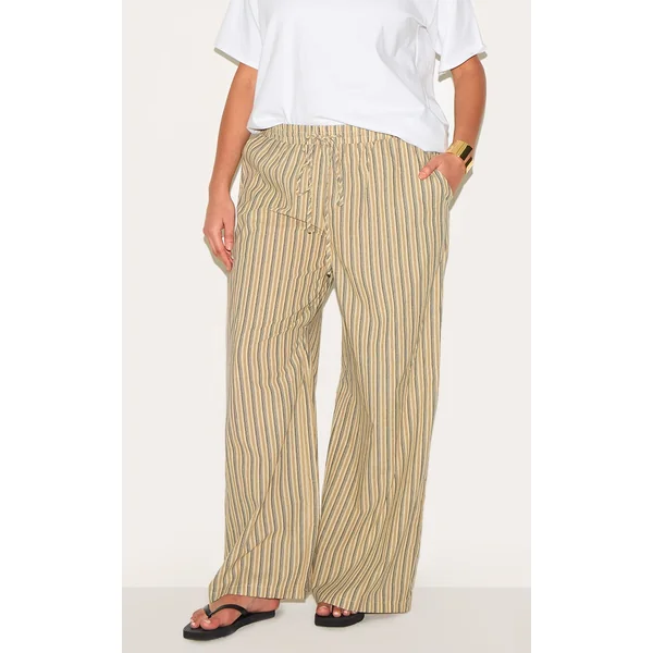 Plus Stone Pinstripe Cotton Low Waisted Wide Leg Pants