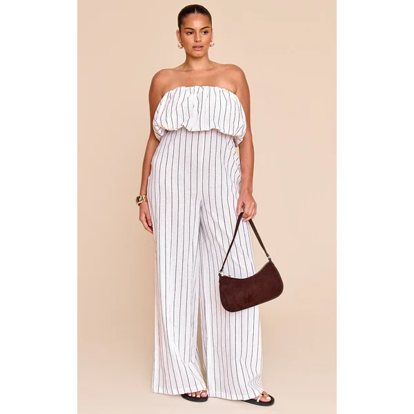 Plus Stone Stripe Textured Puffball Bandeau Straight Leg Jumpsuit