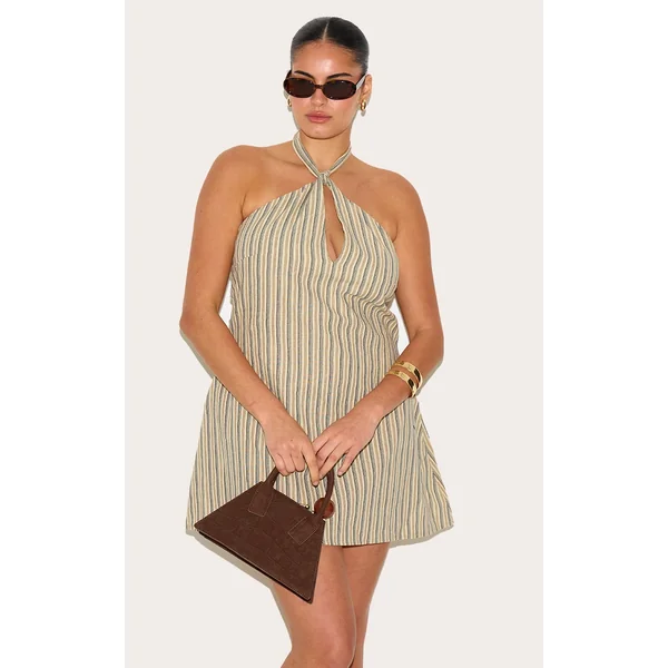 Plus Stone Striped Halterneck Shift Dress