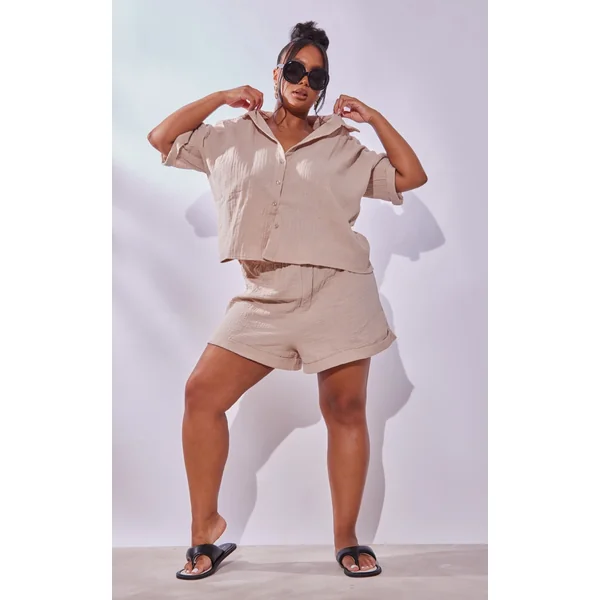 Plus Stone Woven Textured Floaty Shorts