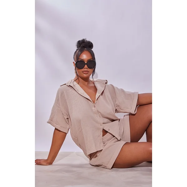 Plus Stone Woven Textured Short Sleeve Shirt