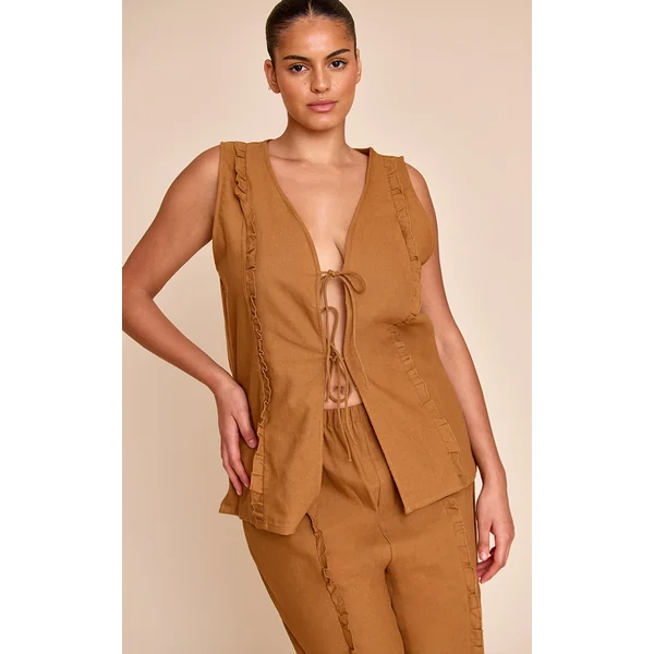 Plus Tan Sleeveless Tie Front Top