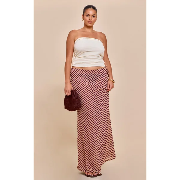 Plus Tan Striped Print Sheer Low Rise Maxi Skirt