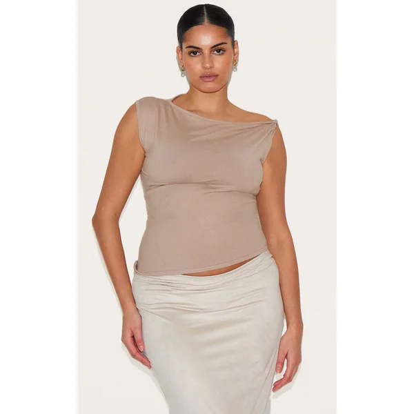 Plus Taupe Basic Knit Asymmtric Twist Sleeve Vest Top