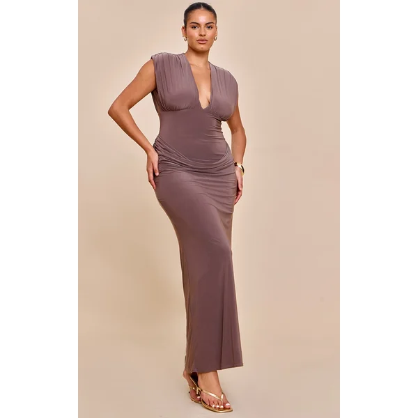 Plus Taupe Double Layer Plunge Ruched Shoulder Drape Waist Maxi Dress