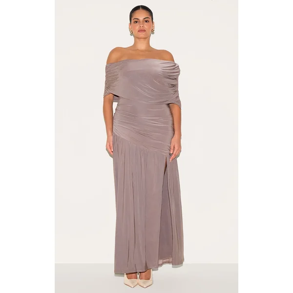 Plus Taupe Double Layer Slinky Bardot One Shoulder Ruched Maxi Dress