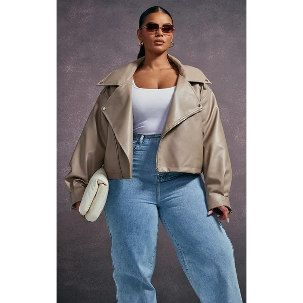 Plus Taupe Faux Leather Quilted Lining Oversized Biker Jacket