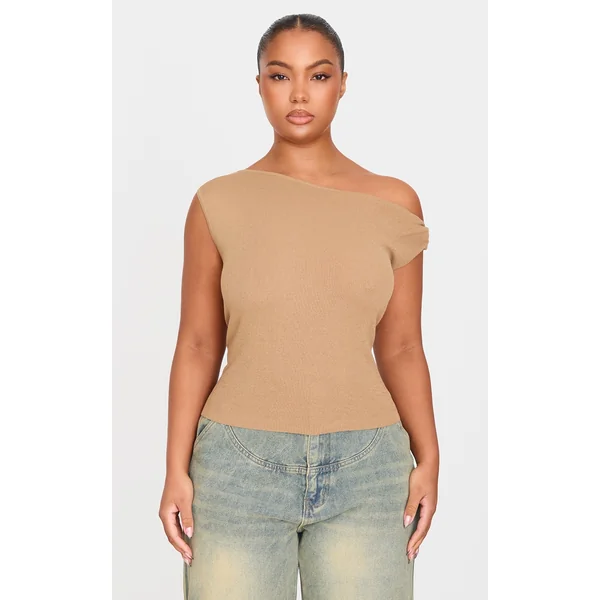 Plus Taupe Fine Knit Twist Neck Vest Top