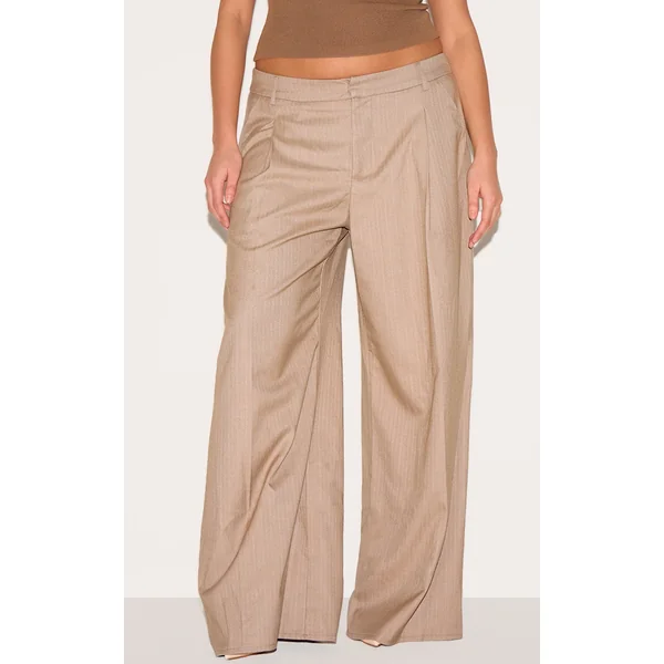 Plus Taupe Premium Woven Pinstripe Tailored Straight Leg Pants