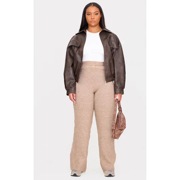 Plus Taupe Soft Knit Wide Leg Pants