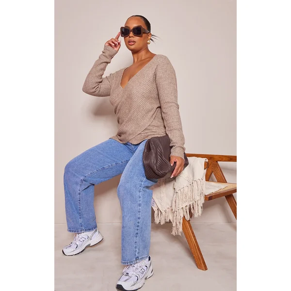 Plus Taupe Soft Knit Wrap Sweater
